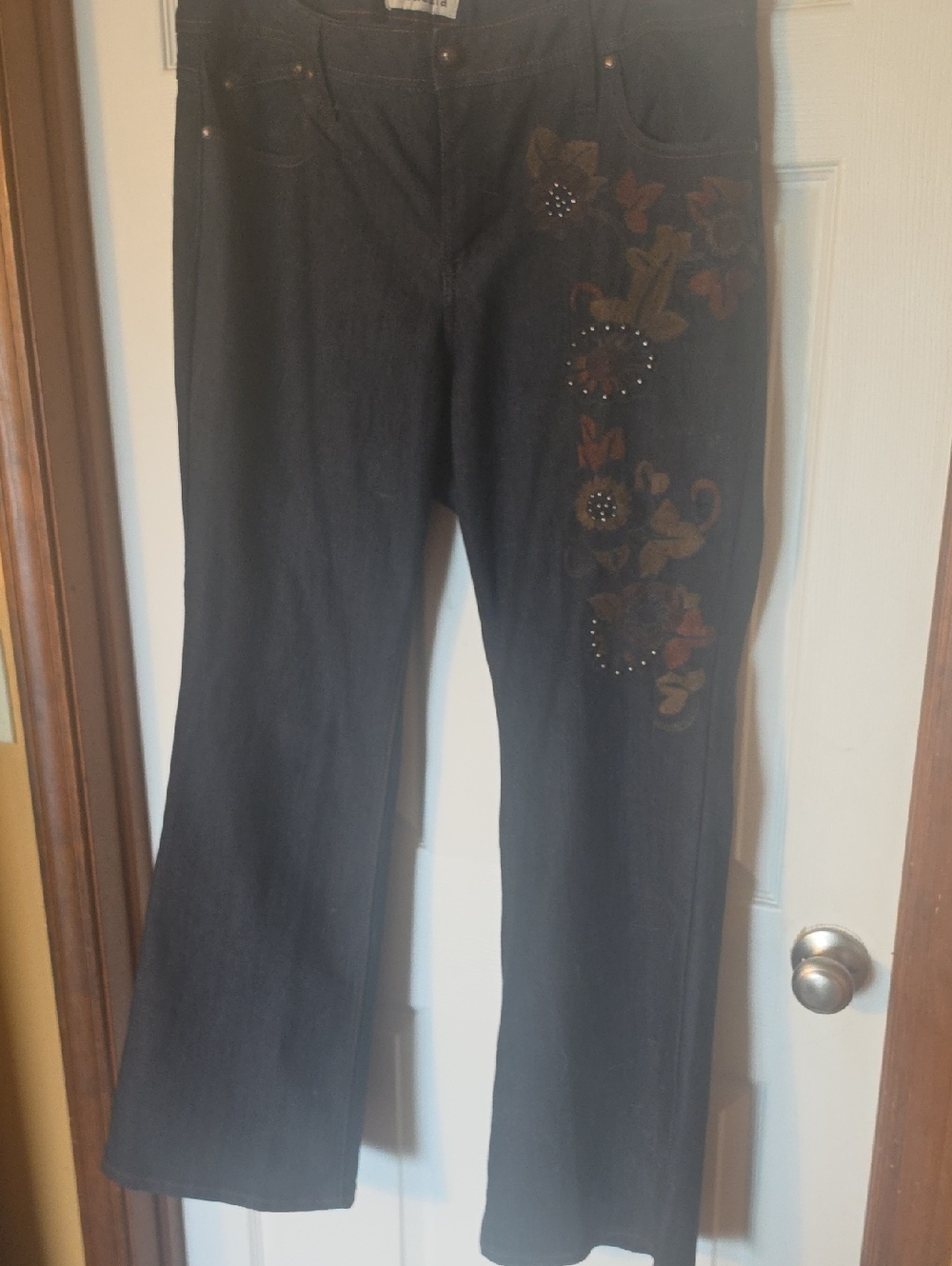Venezia Black Jeans with Brown Floral Embroidery